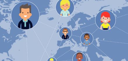 carte du monde avec illustration de personnages reliés entre-eux en réseau