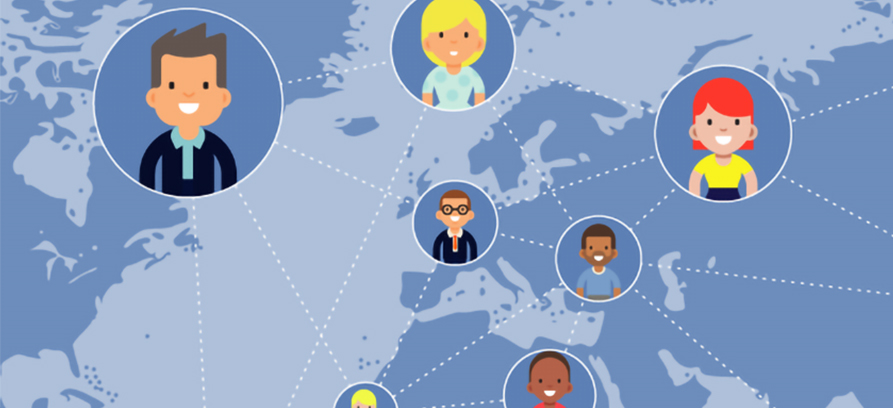 carte du monde avec illustration de personnages reliés entre-eux en réseau